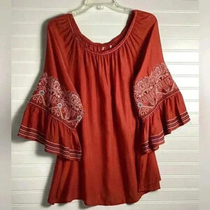 Max Studio Red Marron Boho Blouse with embroidered pleated 3/4 Sleeve Size 1X/2X